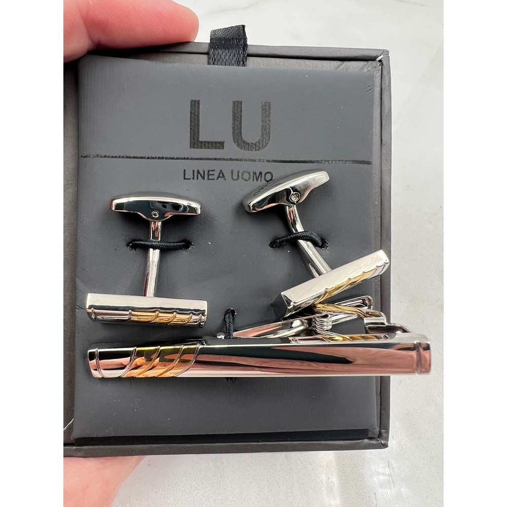Linea Uomo Mens Cufflinks and Tie Bar Set Silver Gold Tone LU03M2586R NEW